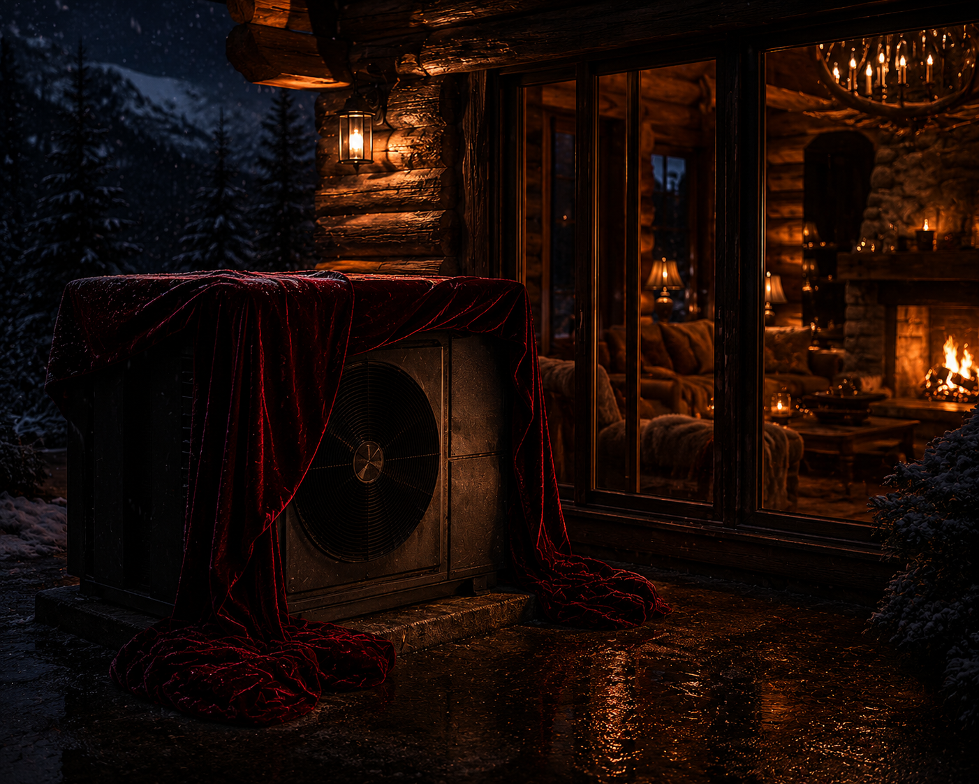A velvet-draped outdoor split-system condenser outside a log cabin on a snowy night