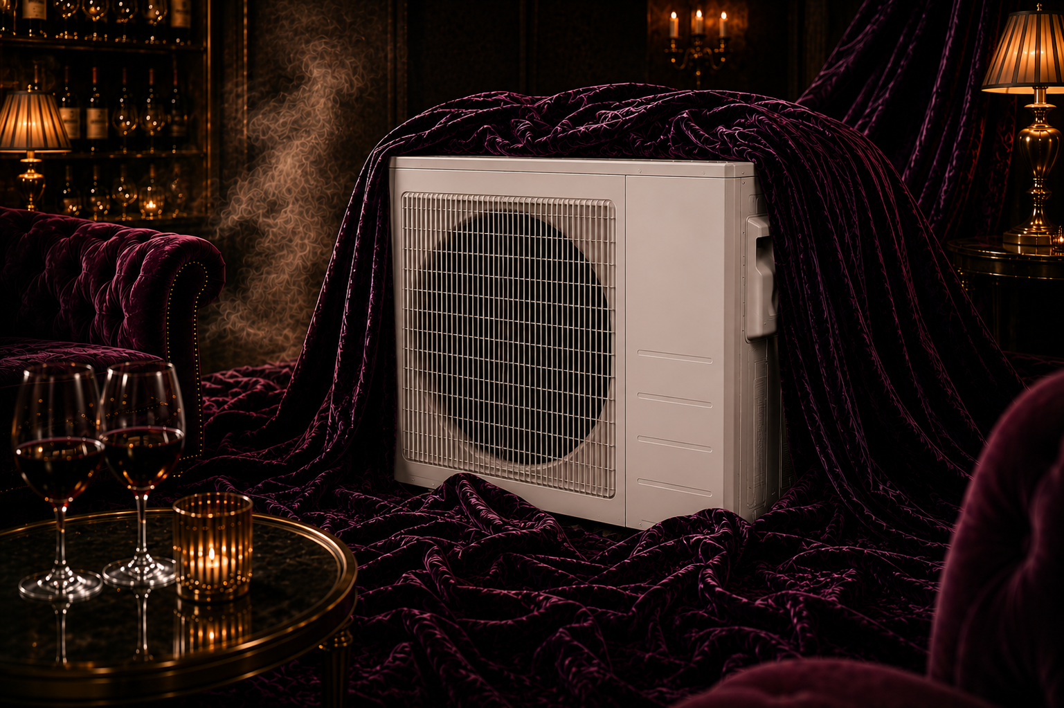 A heat pump draped in deep purple velvet in a dim, candlelit lounge with red wine and brass lamps