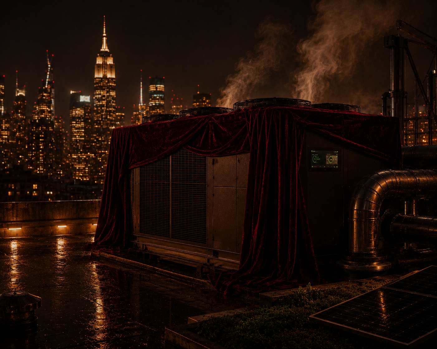 A velvet-draped rooftop packaged unit (RTU) overlooking a rainy city skyline at night