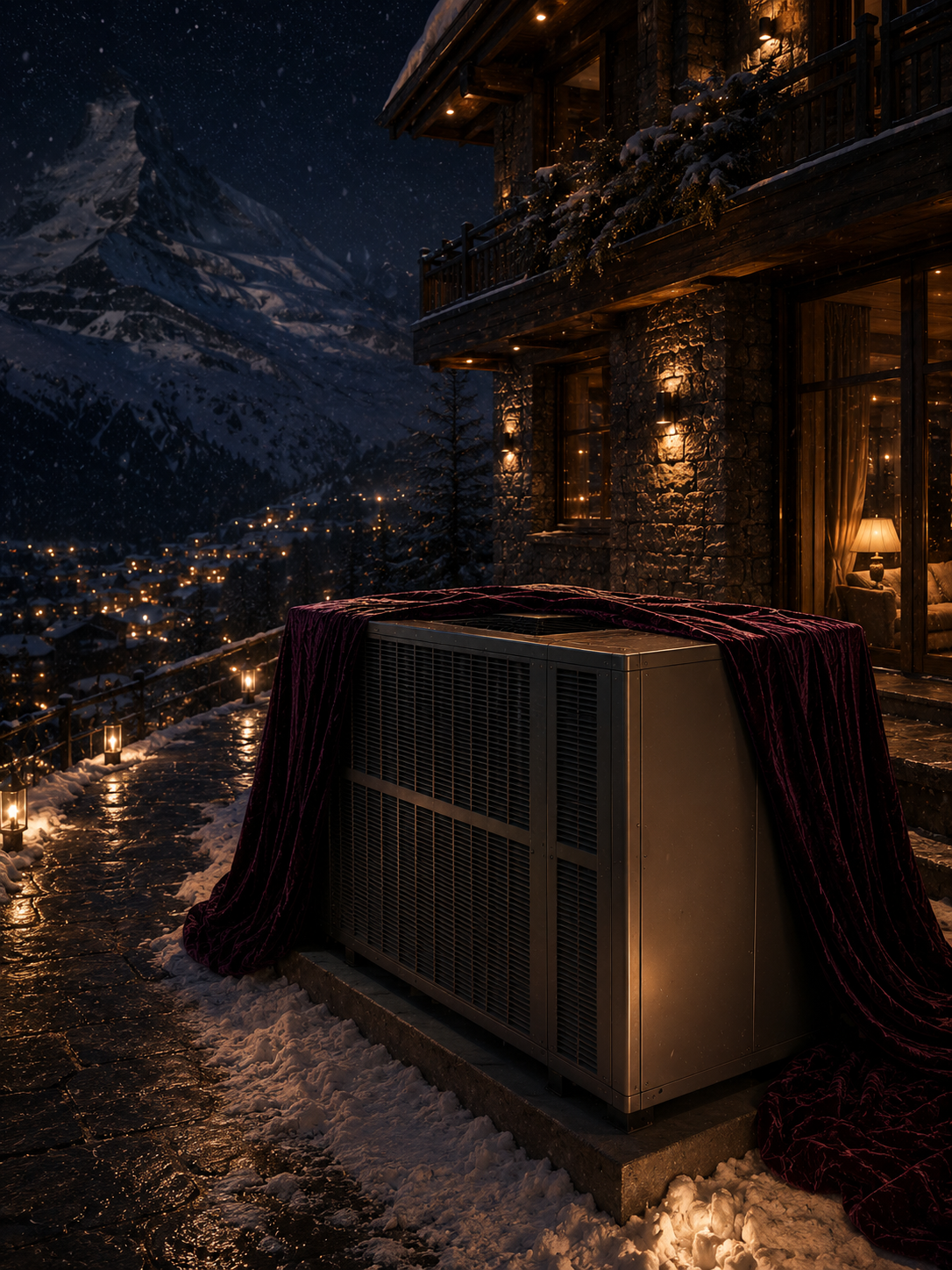 A burgundy-velvet-draped packaged heat pump beside a warmly lit stone-and-wood chalet, Matterhorn glow in the distance
