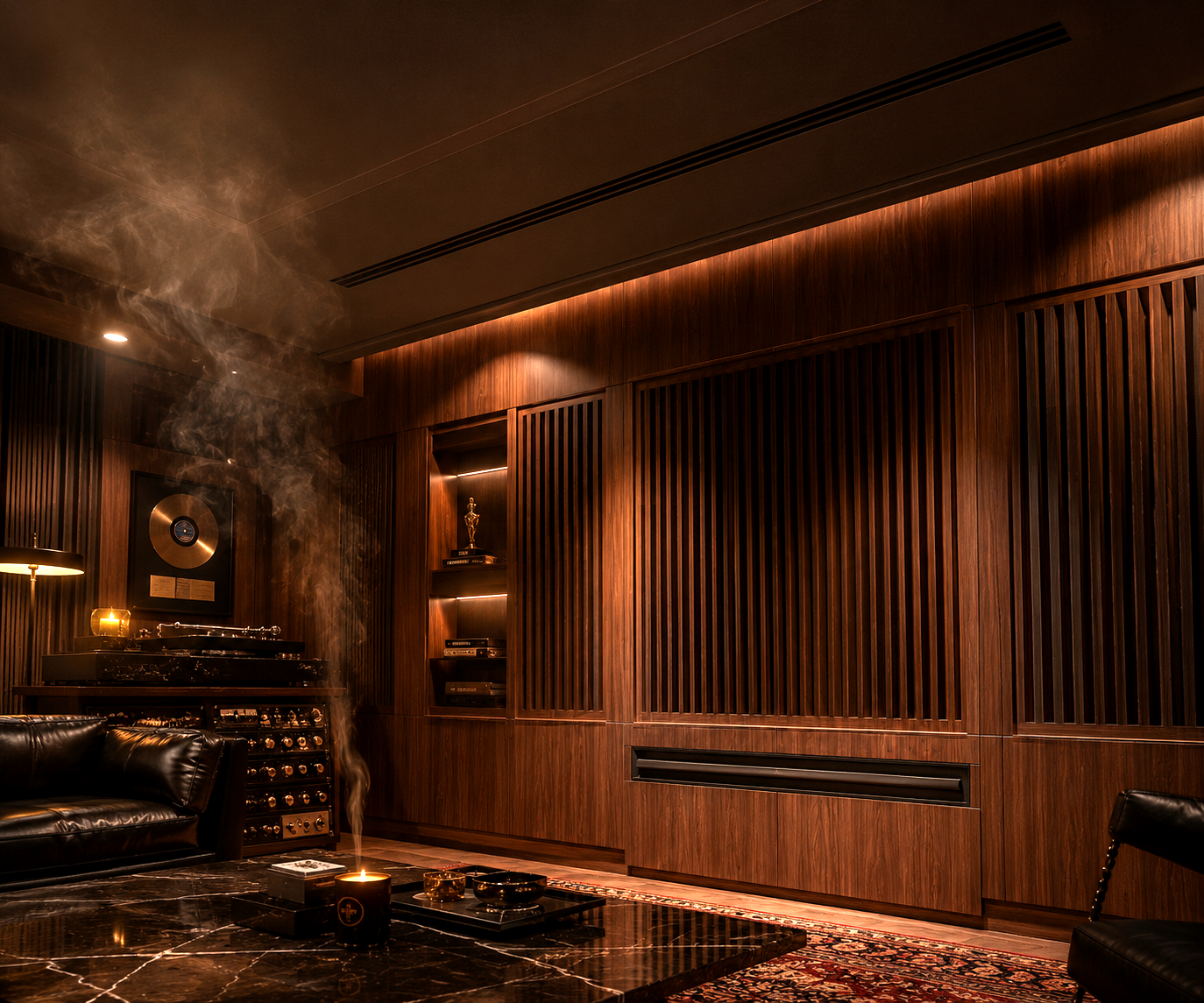 A warm-lit wood-panelled listening room with a ceiling slot diffuser and concealed return grilles