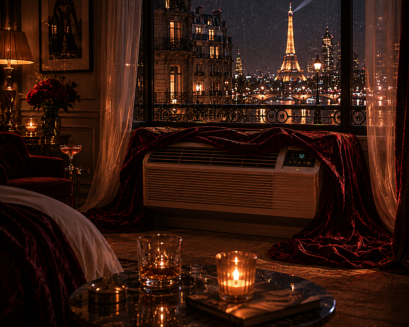A PTAC unit in a velvet-draped hotel room with a Paris skyline view