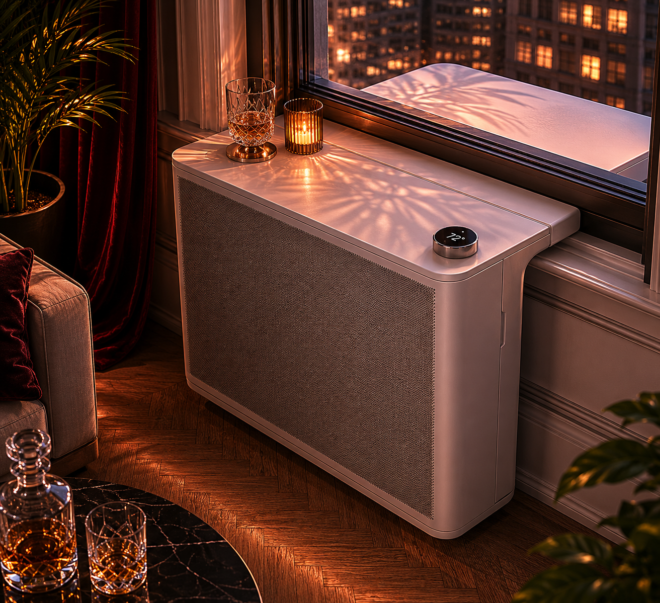 A console-style packaged heat pump in a warm-lit modern apartment, twilight window view