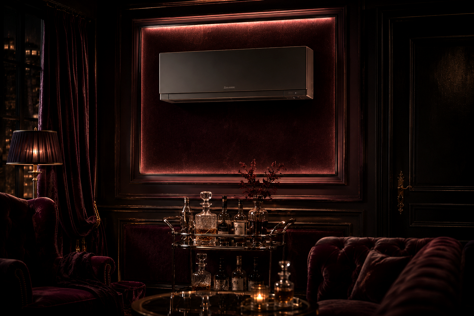 A wall-mounted ductless mini-split head over a moody velvet-walled bar lounge